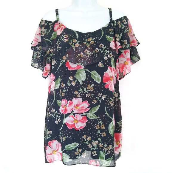 Cabi 5220 Cold Shoulder Navy Fairy Tale Floral Ruffled Lined Blouse Style M - Picture 1 of 8